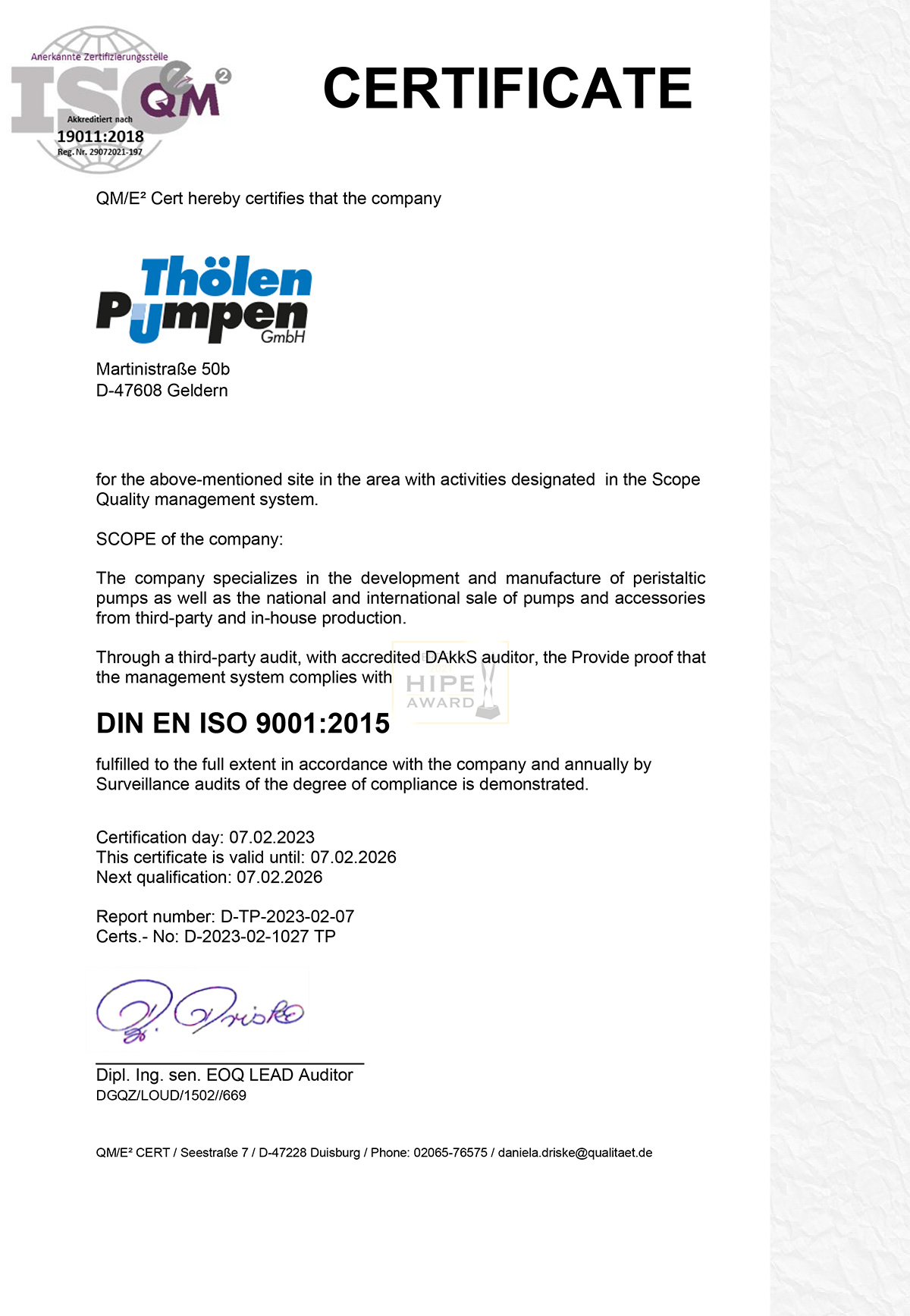 Certificate 9001 Thölen Pumpen 2023–2026